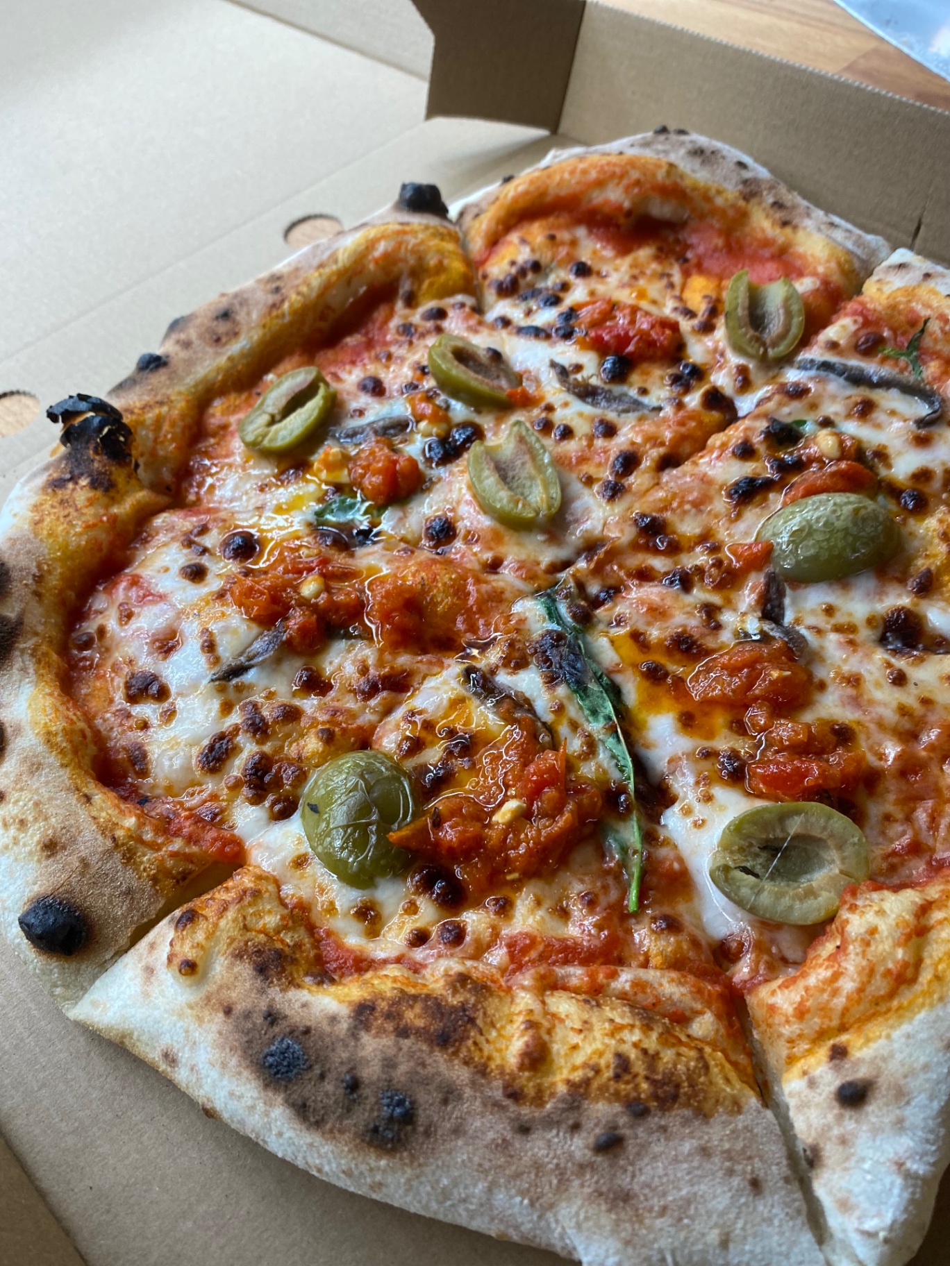 Pizza with olives and chorizo